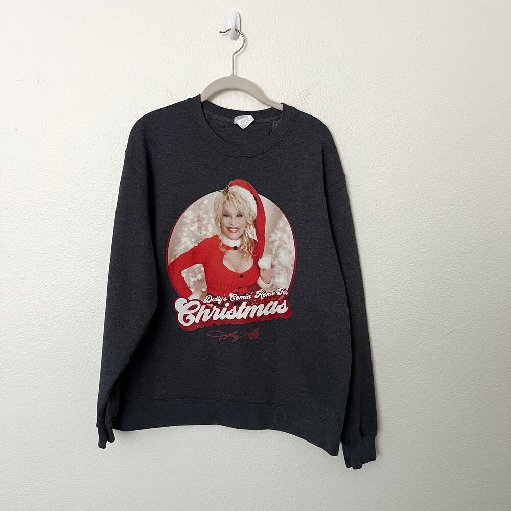 [Dolly Parton] Gray Comin' Home for Christmas Crew Neck Sweatshirt Size Large L
